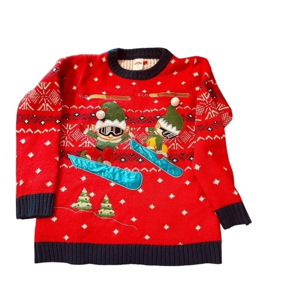 Holiday Time Red Kids Sweater with Snowboarding Elves